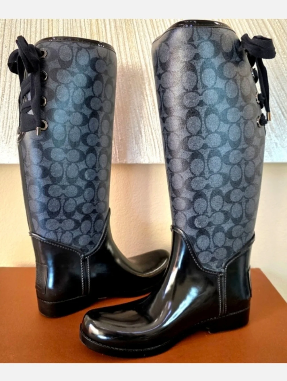 Coach Tristee Black Grey Knee High Winter Rain Boots US 8